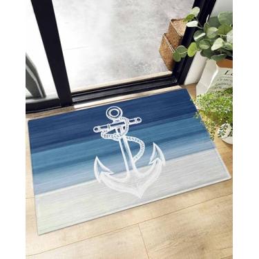 Imagem de Capacho interno náutico oceano âncora ombre azul, tapete felpudo com fundo antiderrapante, arte moderna gradiente, lavável na máquina, tapete de pelúcia para cozinha, berçário, quarto