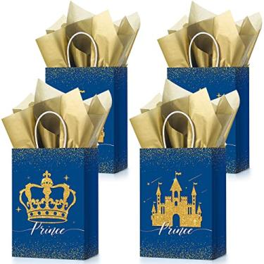 Imagem de Conjunto de 16 sacos de lembrancinhas de festa com papel de seda, sacolas de presente para doces de príncipe e princesas para festa de aniversário floral com coroa de castelo para
