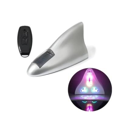 Imagem de Antena aérea Shark Fin – MASO Solar Power Shark Fin antena de rádio para carro, luz de aviso de 18 LED, substituição de base de antena de rádio, com controle remoto (prata)