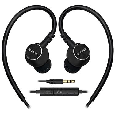 Imagem de Hmusic Fones de ouvido esportivos com fio com microfone, plugue de 3,5 mm, tampões de ouvido intra-auriculares com gancho para esportes, corrida, treino, exercícios, academia