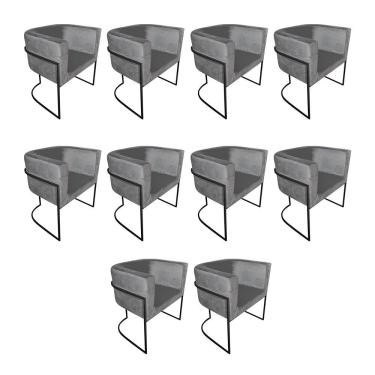 Imagem de Kit 10 Cadeiras De Jantar Premium Base De Ferro Preta Veludo Cinza