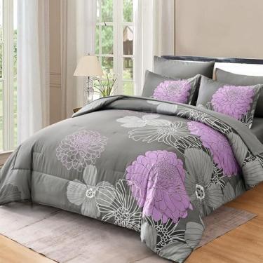 Imagem de Yiran Jogo de edredom Cal King com 7 peças, roxo, cinza, floral, para todas as estações, lençol com elástico, lençol de cima, fronhas