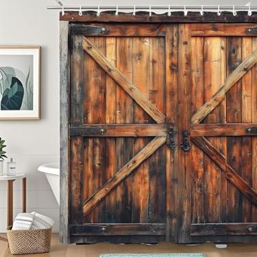 Imagem de rzzlp Cortina de chuveiro rústica para porta de celeiro de madeira, cortina de tecido lavável, conjunto de cortina de banheiro rústica com ganchos, 182 x 182 cm