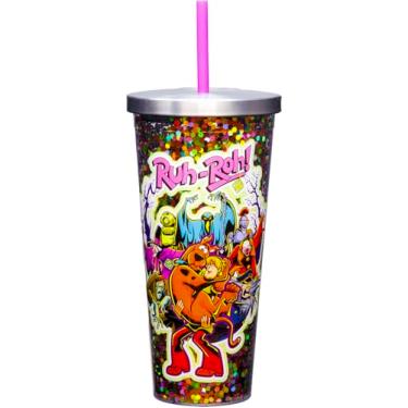 Imagem de Spoontiques Copo de glitter Scooby Doo Halloween com tampa de aço inoxidável e canudo - 590 ml - acrílico - multicolorido