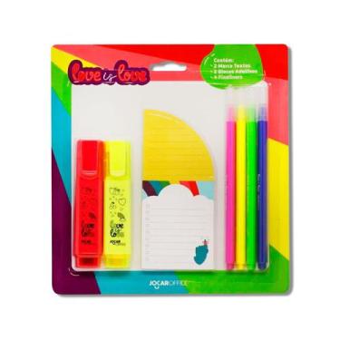 Imagem de Kit Love Is Love Marca Texto Bloco Adesivo E Caneta Fineline Jocar Off