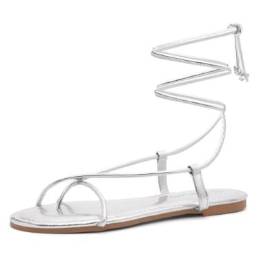 Imagem de Shoe Land Sandálias rasteiras femininas – Sandálias gladiadoras confortáveis com cadarço e envoltório ajustável no tornozelo | Sapatos de amarrar com tiras cruzadas para o verão, praia e viagens