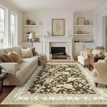 Imagem de Tapetes de área com estampa floral marrom para quarto, sala de estar, boho, casa de fazenda, rústico, sala de jantar, tapetes macios laváveis e antiderrapantes para berçário, sala de jogos, 12 x 20 cm