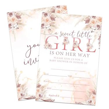 Imagem de Hsupl Conjunto de convite de chá de bebê com tema floral Boho, Sweet girl is on her way, 25 cartões de convite de chá de bebê com envelopes, revelação de gênero, decoração de festa de anúncio de bebê