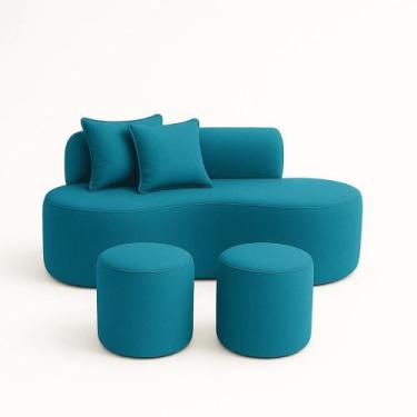 Imagem de Conjunto Sofá Curvo Orgânico + 2Puffs Nature Gaia Suede Azul Turquesa 
