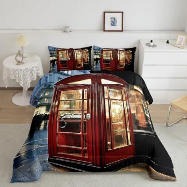 Imagem de Feelyou Conjunto de edredom com tema de Londres, solteiro, retrô, cabine telefônica, para meninos, meninas, adolescentes, cenário europeu histórico, conjunto de edredom com cenário de cidade famosa