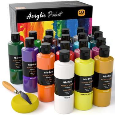 Imagem de Conjunto de tinta acrílica Nicpro 18 cores 250mL com roda de cores