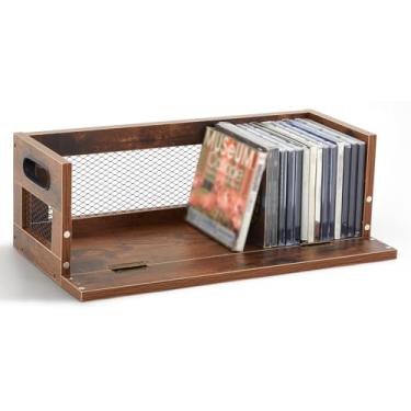 Imagem de Jetec 1 conjunto de suporte de caixa de armazenamento de CD de metal e madeira, prateleiras de fita cassete com alças de transporte, prateleira organizadora para capas de filmes, DVDs, cada conjunto