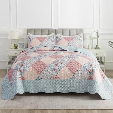 Imagem de HoneiLife Conjunto de cama King – Conjunto de colcha de microfibra com 3 peças, colchas leves de patchwork, capa de cama retrô, colcha king size para todas as estações