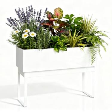 Imagem de Worth Canteiro de metal elevado com pernas, 76 cm x 32 cm x 61 cm para uso interno e externo – Vaso de aço galvanizado branco brilhante com orifício de drenagem e plugue para vegetais, flores e ervas