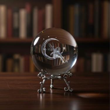 Imagem de Decoração de bola de cristal 3D com suporte - Ornamento de mesa de cristal de vidro 3D gravado a laser com vários padrões para escritório em casa, quarto