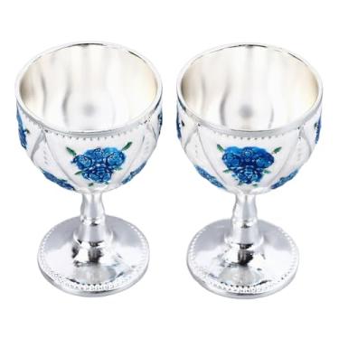 Imagem de Generic Decoração de Xícara de Vinho Vintage, 2pcs Decorativos Multiuso Requintado Requintado Liga de Zinco de Metal Vintage Liga Luxuosa para Bar para Restaurante (Flor Azul Branco Prateado)