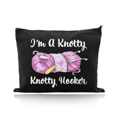 Imagem de Ancnoz Presente engraçado de crochê para mulheres, bolsa de tricô com I'm A Knotty Hooker para amantes de crochê, bolsas de armazenamento de prostitutas nodosas bolsa de cosméticos bolsa de cosméticos