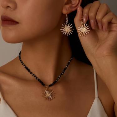 Imagem de Conjunto de colar e brincos pendentes de sol para mulheres, joias boho com contas pretas, acessórios de pingente de sol dourado, conjunto de presente celestial moderno, joias de festival de praia de