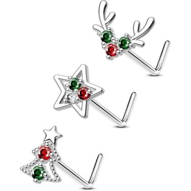 Imagem de OUFER 3 peças de brincos de nariz em forma de L de Natal 20G, aço inoxidável 316L, vermelho e verde, joias de piercing de Natal para piercing de narina, joia perfeita de Natal para mulheres e homens