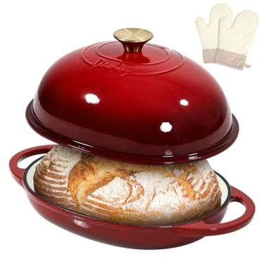Imagem de Davivy Forno holandês oval esmaltado de 6 litros para assar pão de fermento com tampa, forma oval de ferro fundido com tampa, assadeira de fermento de ferro fundido, com luvas de silicone - vermelho