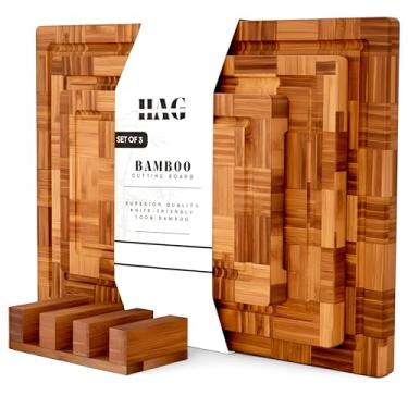 Imagem de HAG EXPRESS Conjunto de tábua de corte de bambu para cozinha - Conjunto de 3 blocos de madeira com ranhura de suco - Bandeja de servir de charcutaria com suporte