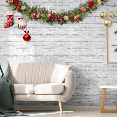 Imagem de Anmon Papel de parede de tijolo para contato com tijolos brancos 45 x 998 cm, papel de contato falso de tijolo de Natal removível autoadesivo, rolo de filme de vinil para decoração de casa