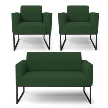 Imagem de Sofá Namoradeira Com 2 Poltronas Base Industrial Preto Marisa Veludo D03-D\&#039rossi Cor Verde