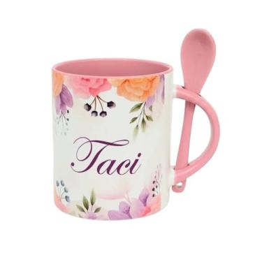 Imagem de Caneca Rosa com Colher Personalizada com nome, Estampa Floral