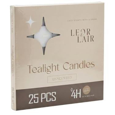 Imagem de Leor & Lair Pacote com 25 velas para luzes de chá – Vela de 4 horas de queima longa – Mistura de cera de palma de parafina, pavio de algodão – Velas pequenas para decoração de casa, spa, meditação