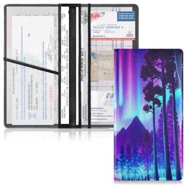 Imagem de Qilmy Cena Noturna Estrelada Suporte de Registro e Seguro de Carro PU Carteira de Documentos de Veículo Organizador Caixa de Luvas com Slots de Cartão de PVC Transparente para Cartões de Identificação