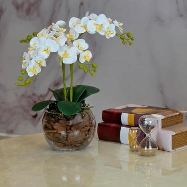 Imagem de Arranjo de Orquídea Artificial em Silicone 3D com Vaso de Vidro – Flor Artificial Decorativa para Sala e Escritório (Branca)