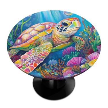 Imagem de oooJHooo Toalha de mesa redonda com elástico, toalha de mesa redonda de tartaruga do oceano de verão, limpável, impermeável, capa circular para ambientes internos e externos, capa para sala de jantar