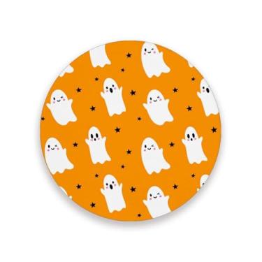 Imagem de JUZIHAI Conjunto de 4 porta-copos de Halloween fantasmas fofos, porta-copos redondos de pedra de cerâmica absorvente de 9 cm com base de cortiça, tapete de proteção de mesa para cozinha, bar