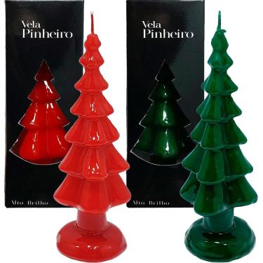 Imagem de Velas Decoração Pinheiro Natal Verde Vermelho 20cm Kit 2pçs