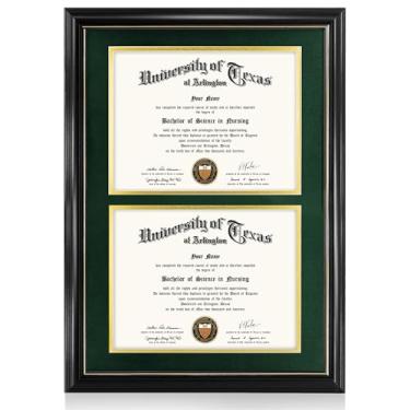 Imagem de GraduationMall Moldura dupla para diploma, madeira maciça e vidro temperado, acabamento preto com acabamento dourado, verde floresta e tapete dourado