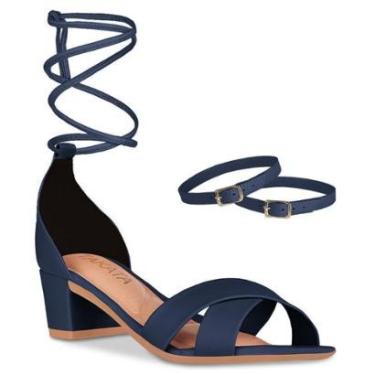 Imagem de Sandália Feminina Salto Grosso Bloco Quadrado Baixo Tiras Cruzada Com Amarração-Feminino