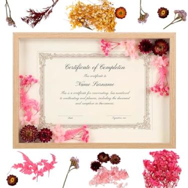Imagem de Amyhill Moldura de madeira de 38 x 28 cm com flores artificiais prensadas e autoadesivas, porta-retratos de madeira natural, moldura de certificado para montagem na parede, mesa para pintura de