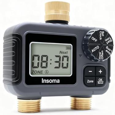 Imagem de Insoma Temporizador de irrigação de 2 saídas com entrada e saída de latão, temporizador de água para mangueira de jardim com modos automático/manual + atraso de chuva, temporizadores de mangueira para