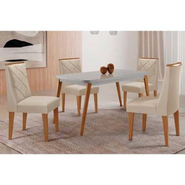 Imagem de Conjunto: Mesa Sala Jantar Havana Curvo 120cm + 4 Cadeiras Pietá Naturale/Off White - Suede Creme - Rufato