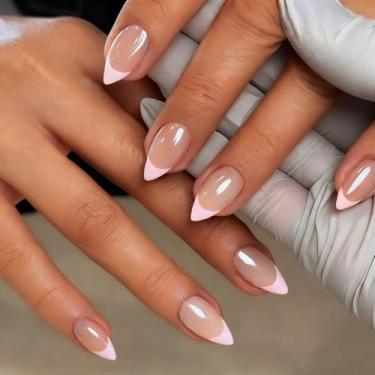 Imagem de KXAMELIE Unhas de amêndoa – unhas curtas francesas com cola, unhas postiças nude natural em 15 tamanhos – Kit de 30 unhas de gel macio para mulheres, ajuste excelente, elegante rosa claro francês