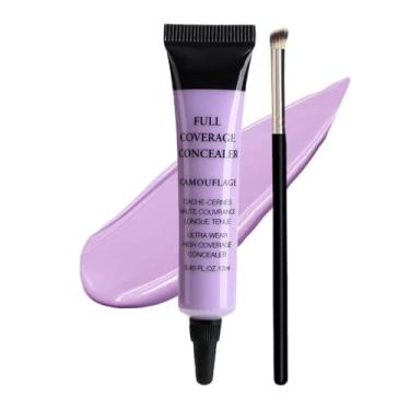 Imagem de Corretivo sob os olhos + pincel, corretivo clareador de cobertura total 24H para olheiras, linhas finas, creme corretor de cor antienvelhecimento - 11,8 ml (nº 01 roxo + pincel)