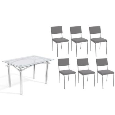 Imagem de Conjunto: Mesa Sala Jantar Elba C- Tampo De Vidro 120cm E 6 Cadeiras Zaria Cromada - Suede Cinza - Kappesberg
