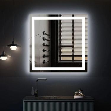 Imagem de Espelho Quadrado 60x60 Led Jateado Touch Premium Banheiro Lavabo Frio
