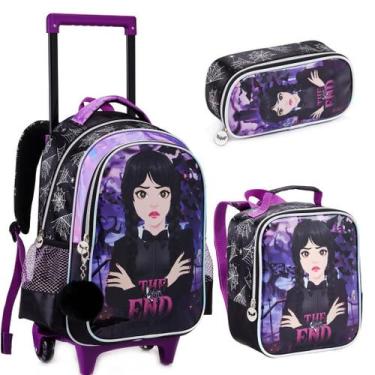 Imagem de Kit Mochila Rodinha Lancheira Estojo Infantil Menina Escolar Wandinha 