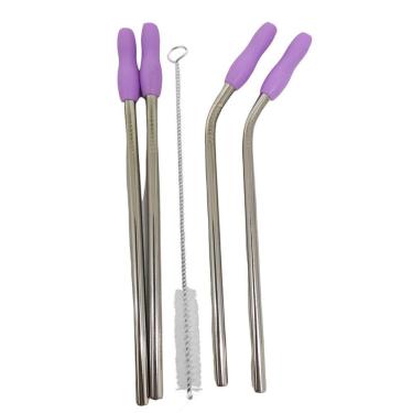 Imagem de Canudo Aço Inox Kit 4 Peças Reutilizavel MilkShake Vitamina Bebida Reto Curvo Ponteira de Silicone Escova de Limpeza Sustentavel Ecologico