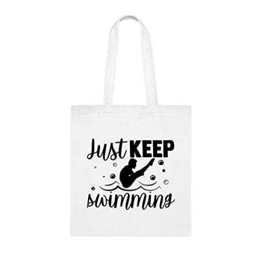 Imagem de Just Keep Swimming Tote Bag, presente de natação engraçado, bolsa de ombro de natação, bolsas reutilizáveis para natação, cesta de Natal de aniversário de nadador, ideia de presente, Branco