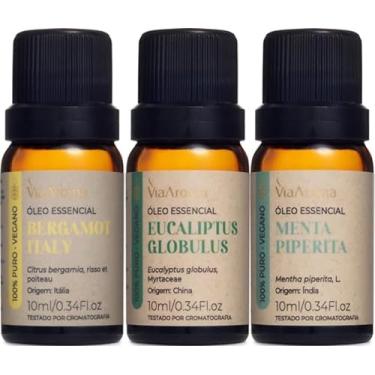 Imagem de Kit 3 Óleos Essenciais Via Aroma 100% Puros Clássicos Naturais Para Difusor, Massagem e Aromaterapia Escolha o seu (Menta Piperita+Eucalipto Globulus+Bergamot Italy)