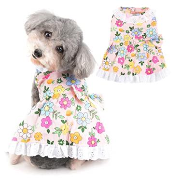 Imagem de Ranphy Vestido de cachorro com estampa floral para cães pequenos meninas camisetas para animais de estimação filhotes sem mangas camisas respiráveis saia gatos pequenos vestuário de verão, rosa, GG