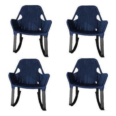 Imagem de Kit 4 Cadeiras de Balanço Athenas Corda Náutica Base em Alumínio Preto/azul Marinho