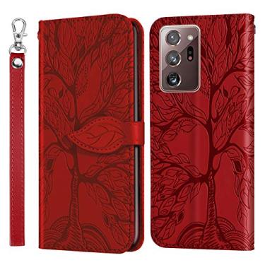 Imagem de Go Capa carteira compatível com Samsung Galaxy Note 20 Ultra, capa flip de couro PU árvore em relevo com porta-cartões capa de telefone TPU à prova de choque vermelha